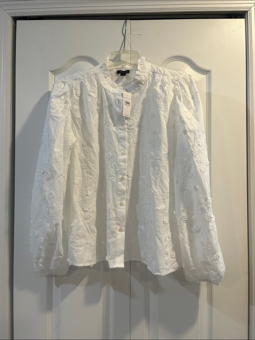 Ann Taylor White Embroidered Ruffled-Collar Button Front Blouse